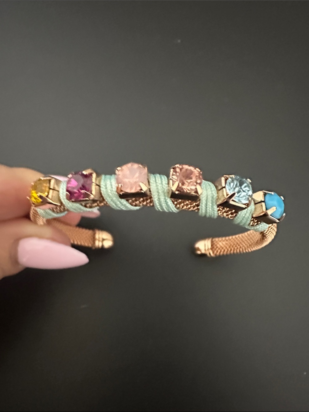 Rose Gold Cuff Bracelet with Multicolor Gemstones and Mint Wrap